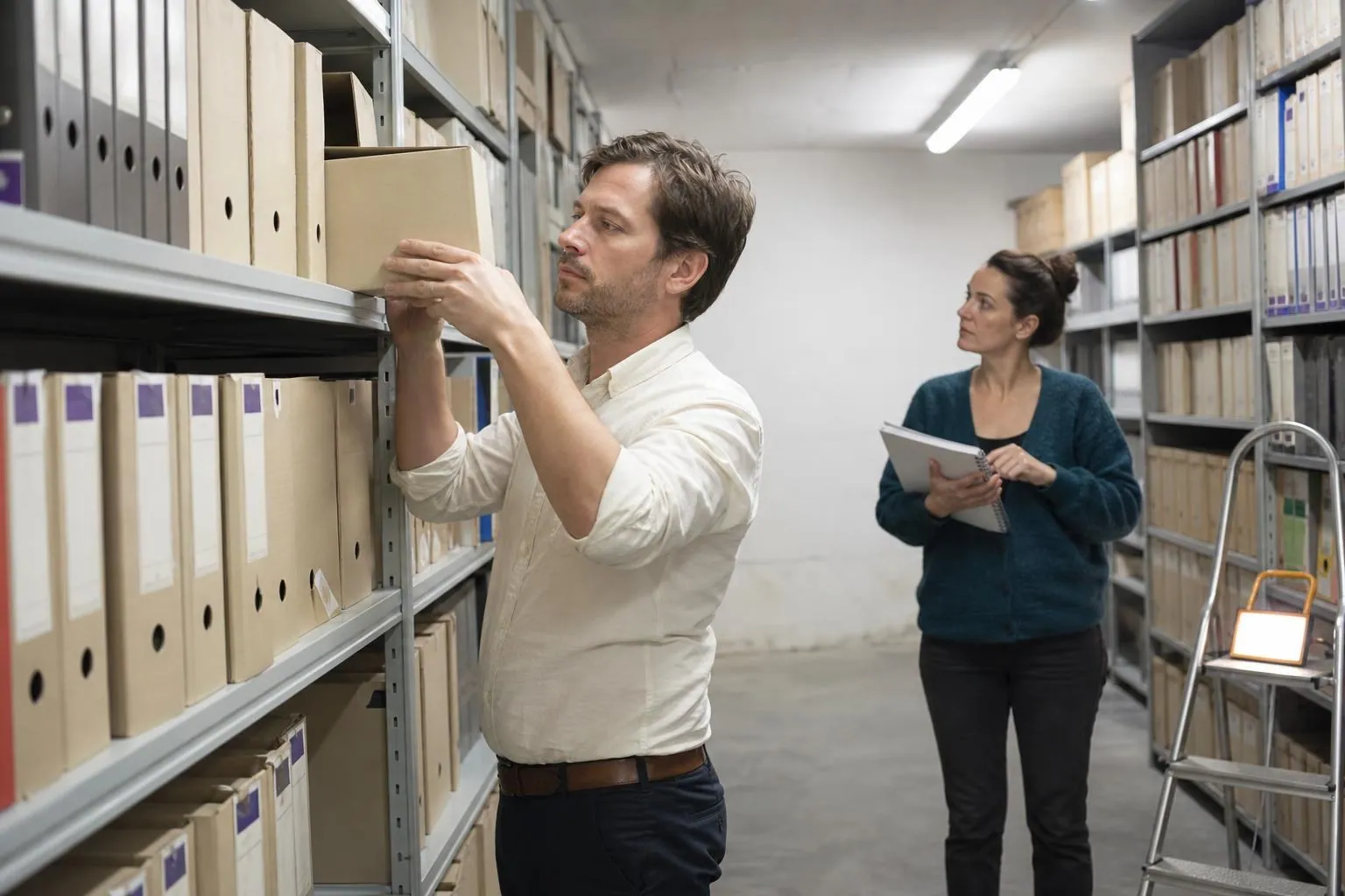 Un salarié sort une boîte d’archives d’un rayonnage métallique pendant qu’une collègue tient un cahier de récolement dans un local d’archives associatif