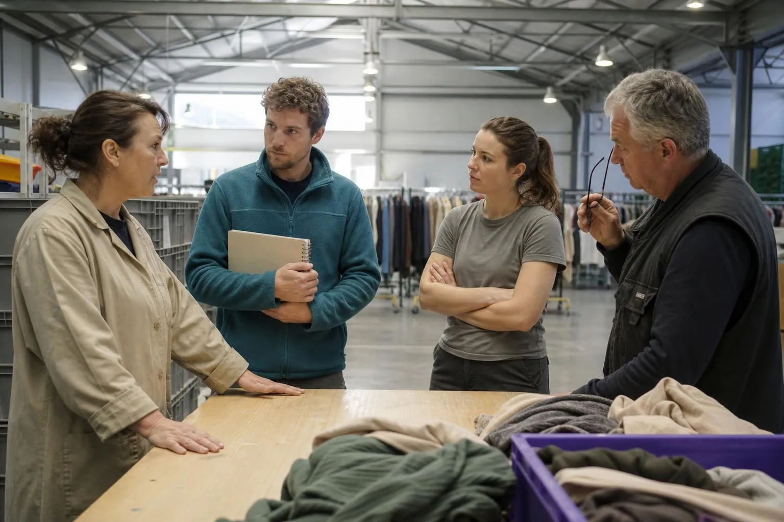Une équipe de quatre personnes se réunit debout autour d’une table de tri dans l’atelier textile d’une ressourcerie d’insertion