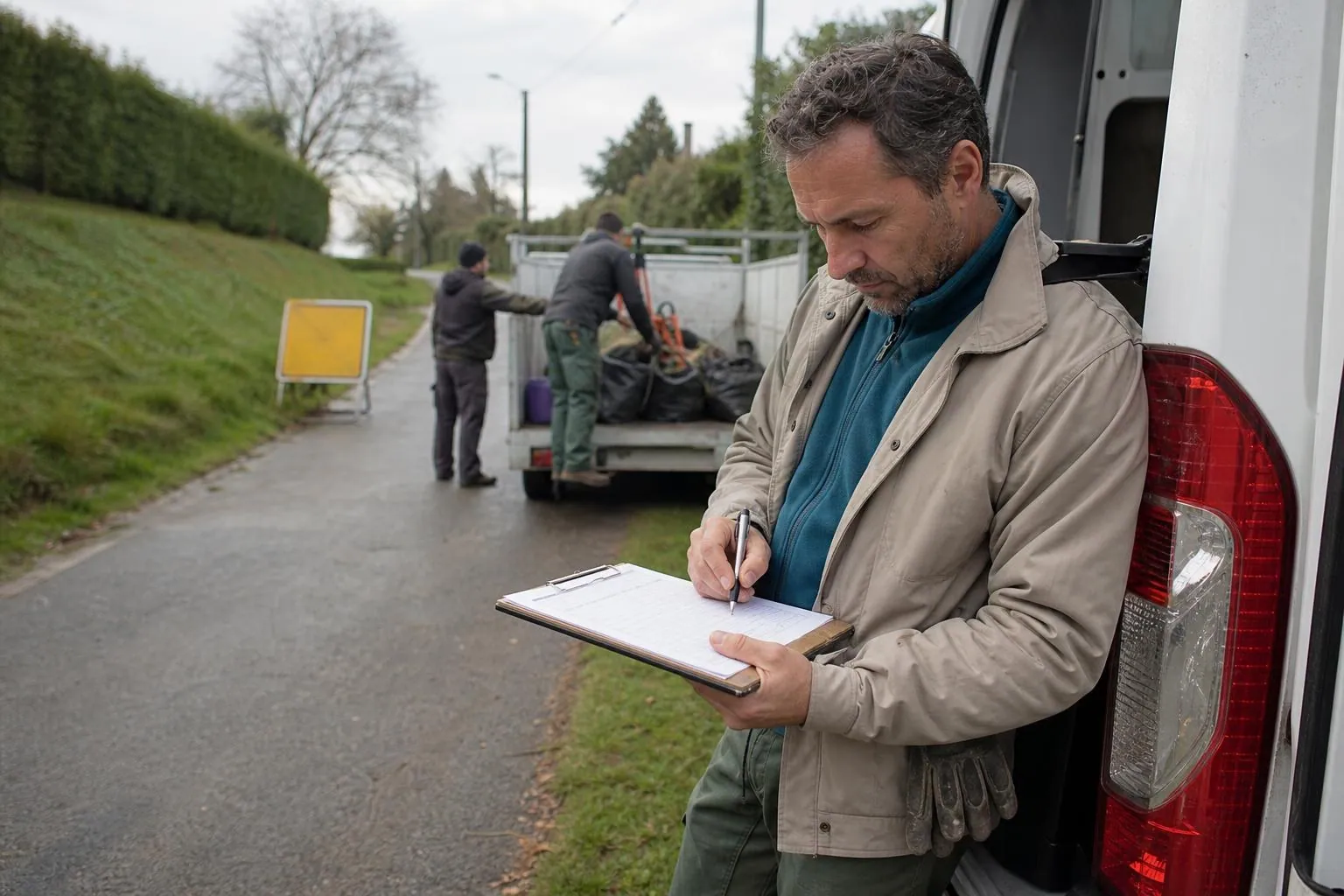 Un encadrant technique d’un chantier d’insertion remplit une feuille de suivi sur une planchette porte document, devant une camionnette d’équipe espaces verts