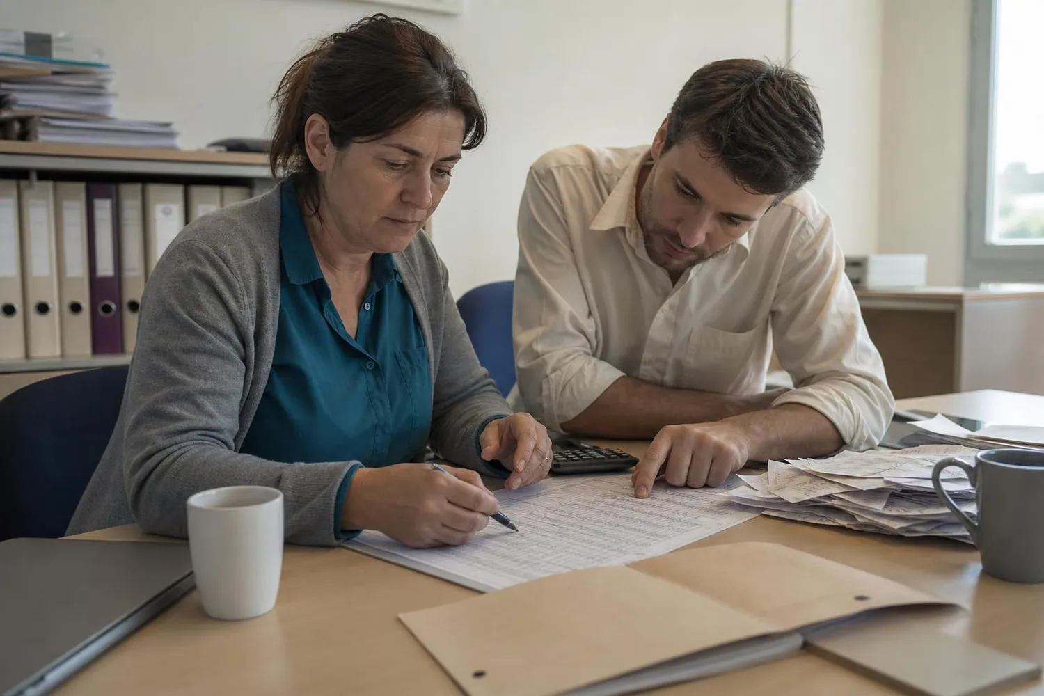 Deux responsables administratifs d’une structure d’insertion comparent un tableau de ventilation imprimé sur une table de bureau associatif